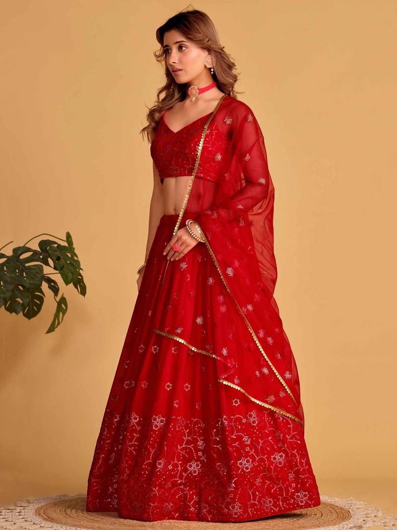 Marvelous Red Embroidered Georgette Engagement Wear Lehenga Choli