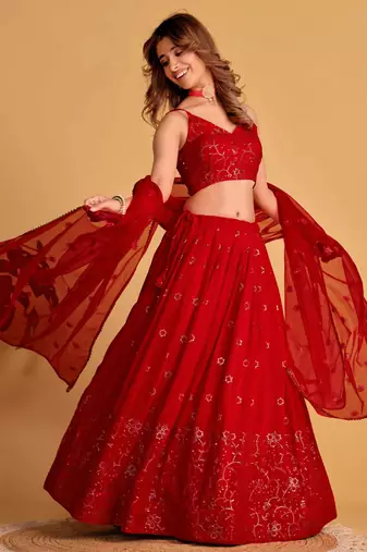 marvelous red embroidered georgette lehenga set choli with dupatta