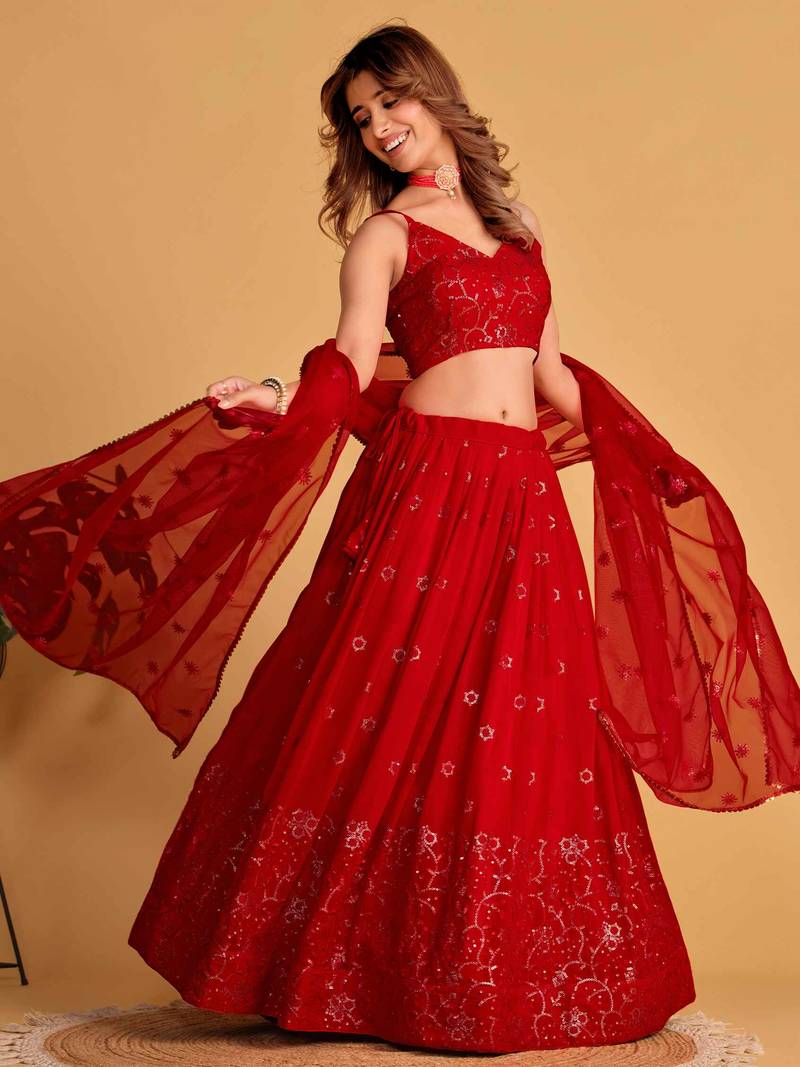 Marvelous Red Embroidered Georgette Engagement Wear Lehenga Choli