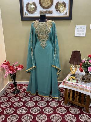 Sea-Green Handcrafted Zari work Stitched Georgette Kaftan Party Wedding Dresses 1