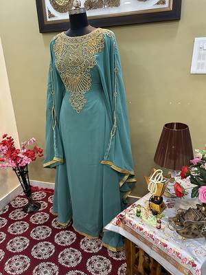 Sea-Green Handcrafted Zari work Stitched Georgette Kaftan Party Wedding Dresses 2