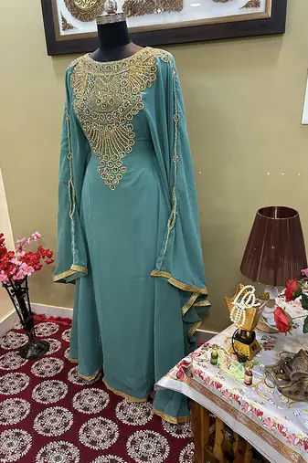 Sea-Green Handcrafted Zari work Stitched Georgette Kaftan Party Wedding Dresses