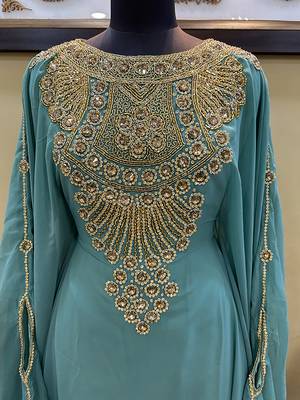 Sea-Green Handcrafted Zari work Stitched Georgette Kaftan Party Wedding Dresses 3
