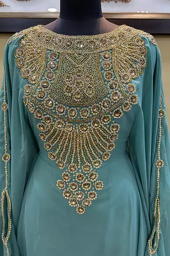 Sea-Green Handcrafted Zari work Stitched Georgette Kaftan Party Wedding Dresses