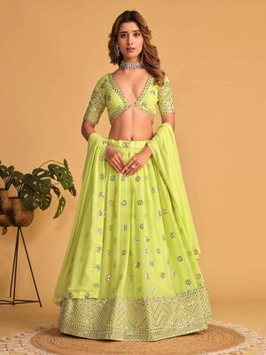lime green georgette sequin work lehenga 1