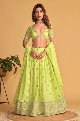 Stunning Lime Green Sequins Georgette Reception Wear Lehenga Choli