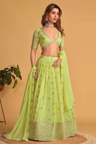 lime green georgette sequin work lehenga