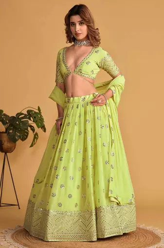 lime green georgette sequin work lehenga