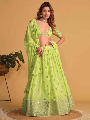 lime green georgette sequin work lehenga 5