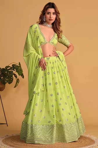 lime green georgette sequin work lehenga
