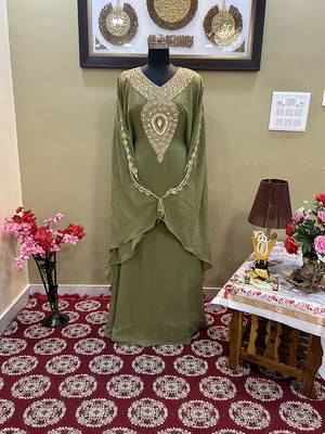 Olive-Green Handcrafted Zari work Stitched Georgette Kaftan Party Wedding Dresses 1
