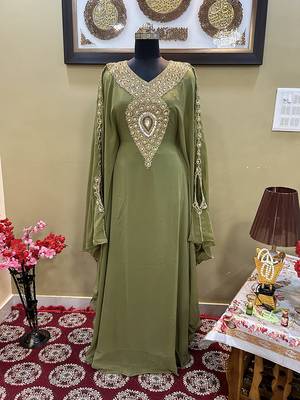 Olive-Green Handcrafted Zari work Stitched Georgette Kaftan Party Wedding Dresses 2