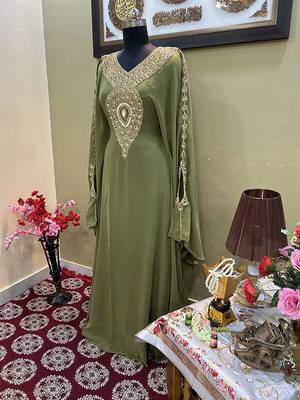 Olive-Green Handcrafted Zari work Stitched Georgette Kaftan Party Wedding Dresses 3