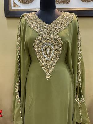 Olive-Green Handcrafted Zari work Stitched Georgette Kaftan Party Wedding Dresses 4
