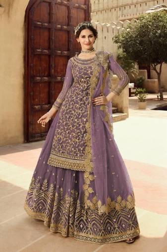 LAVENDER NET EMBROIDERED SEMI STITCH DRESS MATERIAL