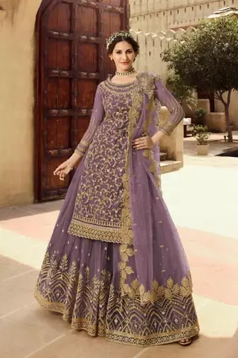 LAVENDER NET EMBROIDERED SEMI STITCH DRESS MATERIAL