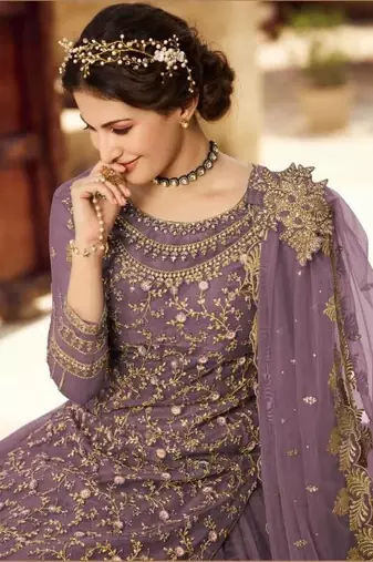 LAVENDER NET EMBROIDERED SEMI STITCH DRESS MATERIAL