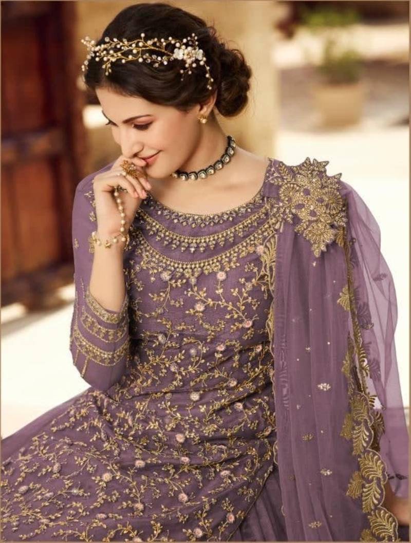 LAVENDER NET EMBROIDERED SEMI STITCH DRESS MATERIAL