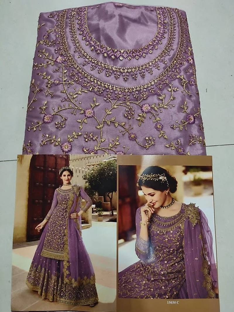 LAVENDER NET EMBROIDERED SEMI STITCH DRESS MATERIAL