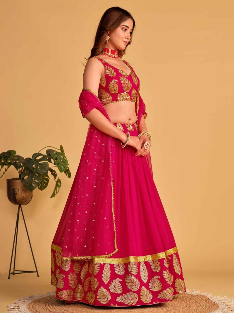 Fabulous Pink Zari Embroidered Georgette Function Wear Lehenga Choli