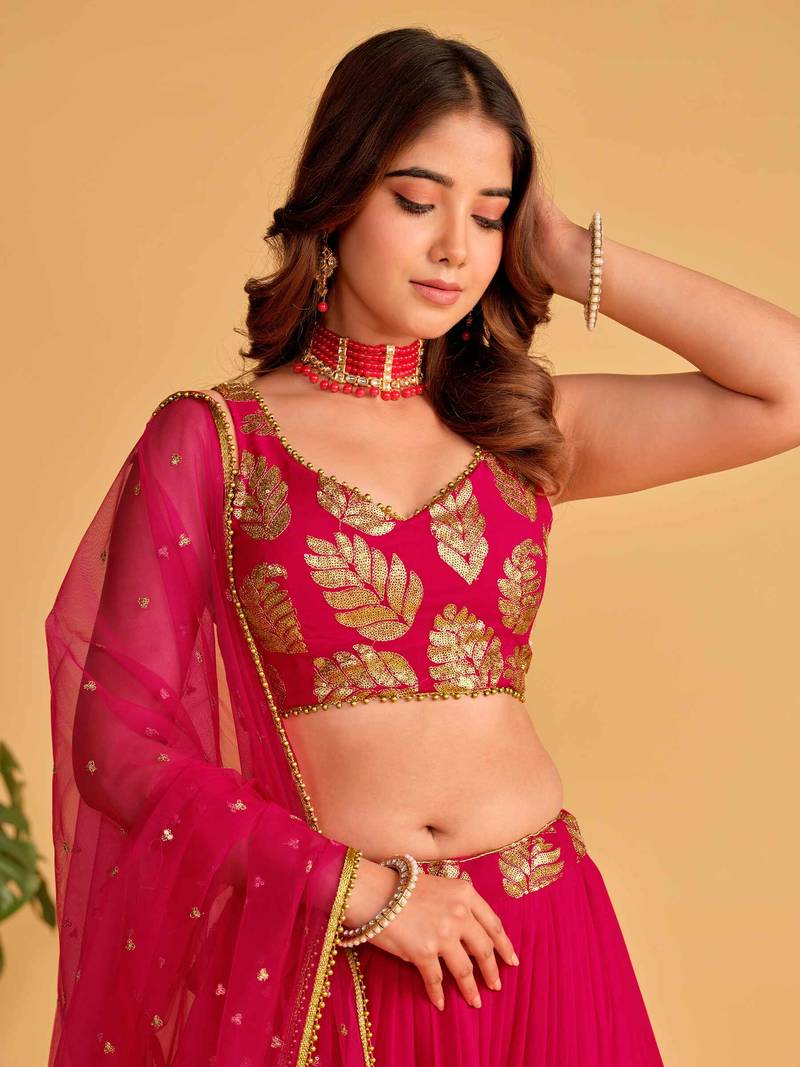 Fabulous Pink Zari Embroidered Georgette Function Wear Lehenga Choli