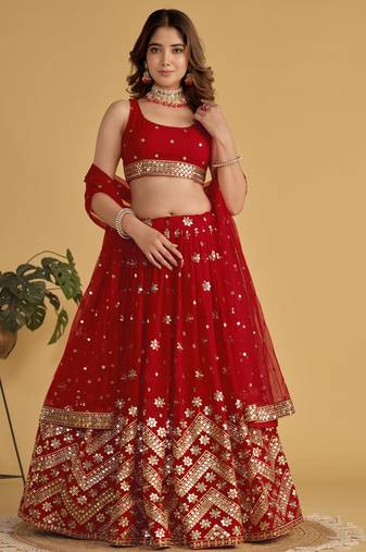 Fascinating Red Sequins Georgette Wedding Lehenga Choli With Dupatta