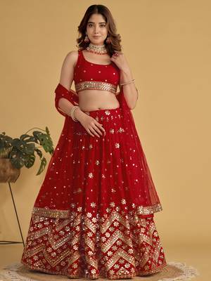 fascinating red sequins georgette wedding lehenga set choli with dupatta with dupatta 1