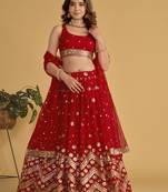 Fascinating Red Sequins Georgette Wedding Lehenga Choli With Dupatta