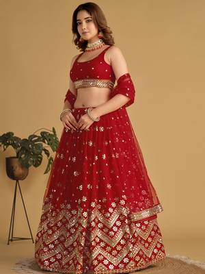 fascinating red sequins georgette wedding lehenga set choli with dupatta with dupatta 2