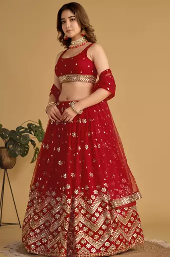 fascinating red sequins georgette wedding lehenga set choli with dupatta with dupatta