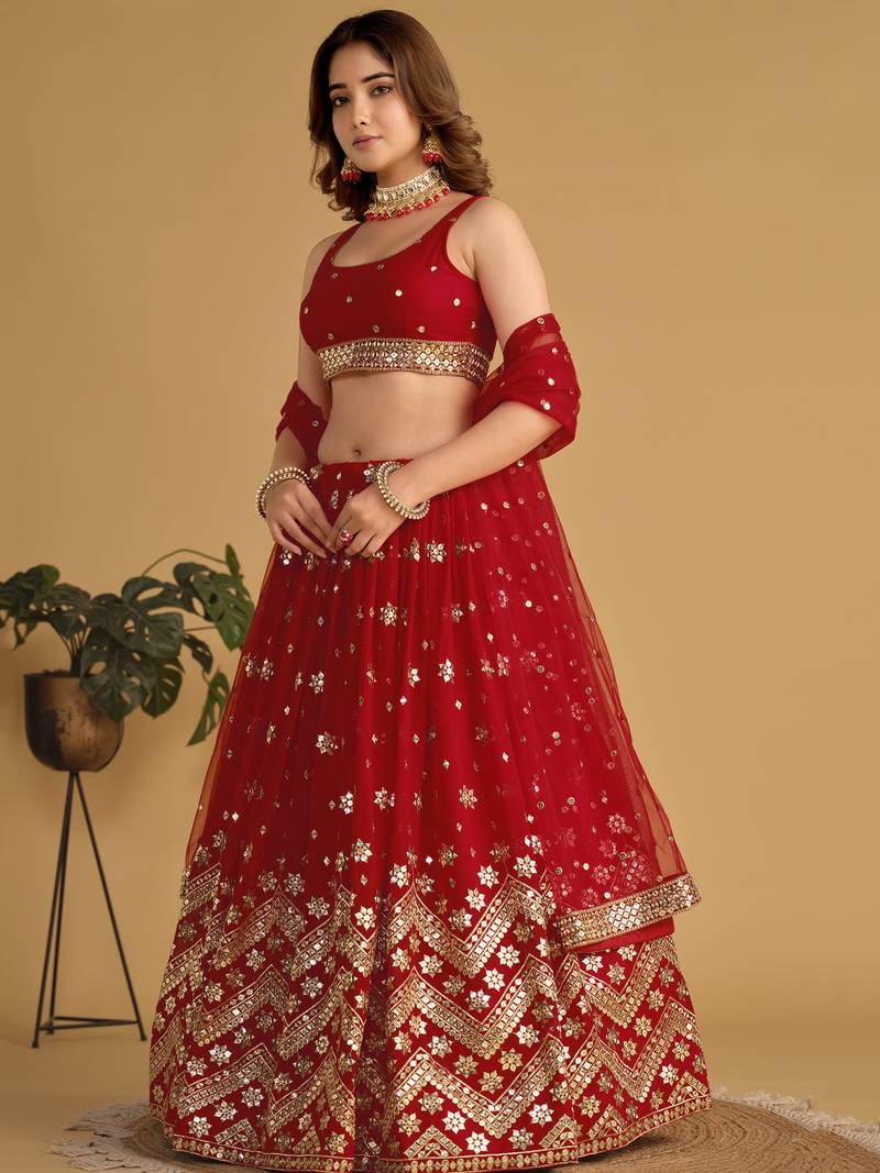 Fascinating Red Sequins Georgette Wedding Lehenga Choli With Dupatta