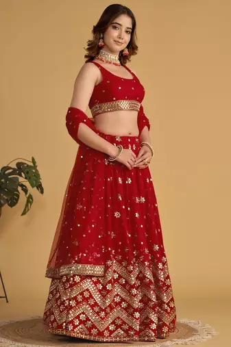 fascinating red sequins georgette wedding lehenga set choli with dupatta with dupatta