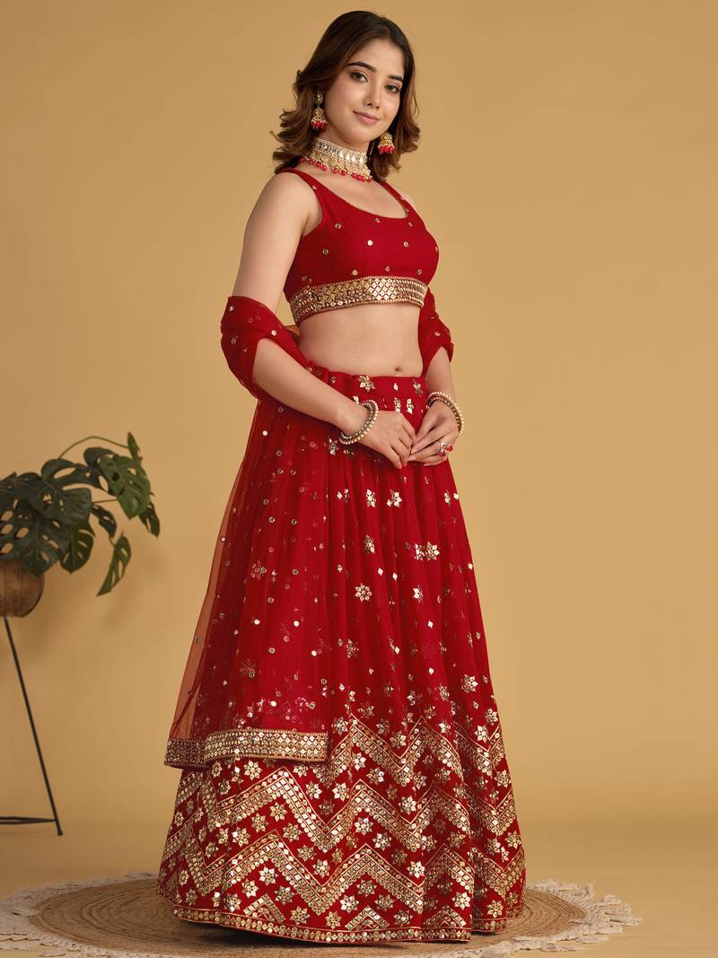 Fascinating Red Sequins Georgette Wedding Lehenga Choli With Dupatta