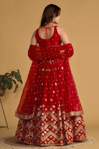 fascinating red sequins georgette wedding lehenga set choli with dupatta with dupatta