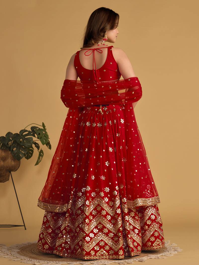 Fascinating Red Sequins Georgette Wedding Lehenga Choli With Dupatta