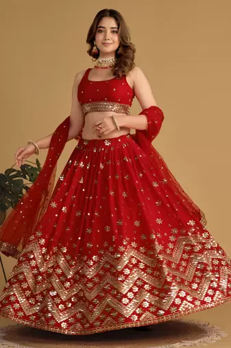 fascinating red sequins georgette wedding lehenga set choli with dupatta with dupatta