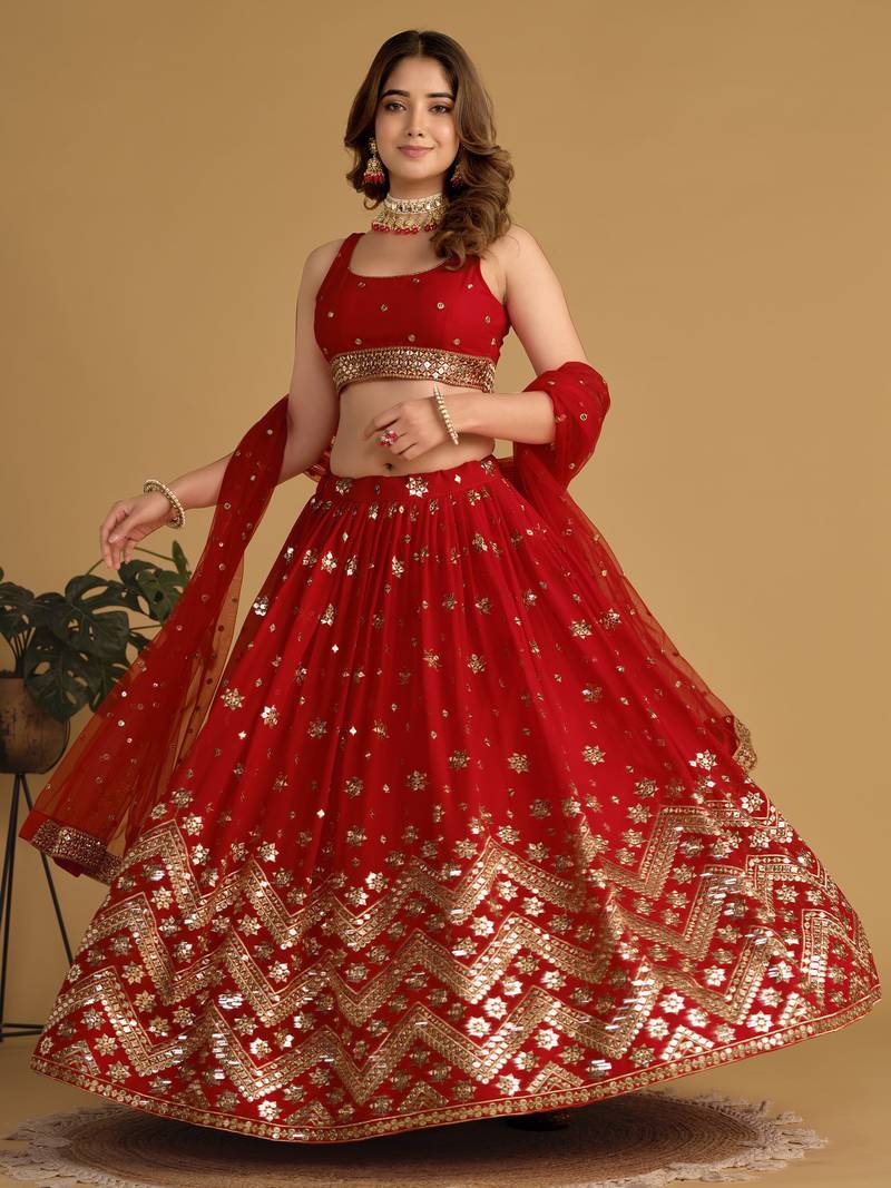 Fascinating Red Sequins Georgette Wedding Lehenga Choli With Dupatta
