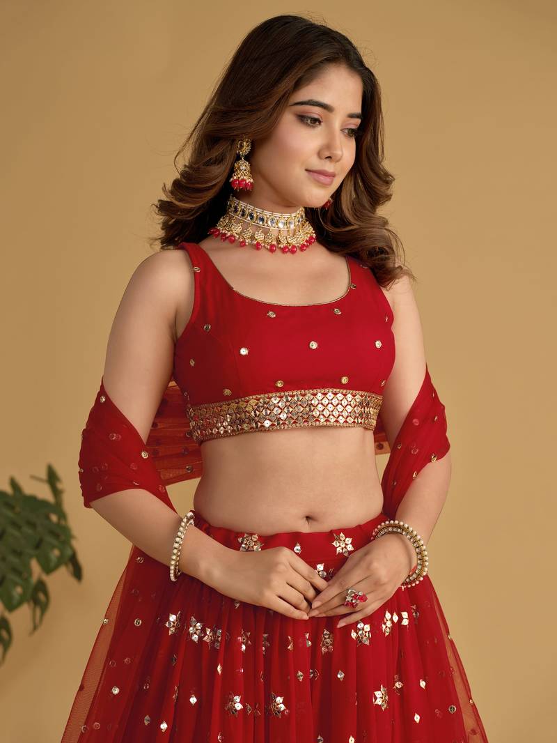 Fascinating Red Sequins Georgette Wedding Lehenga Choli With Dupatta