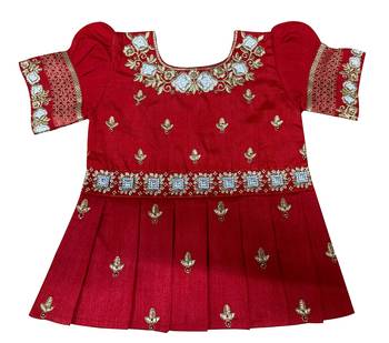 Red and Grey Dupion Silk Lehenga Choli for kids with Zari Work Embroidery 3