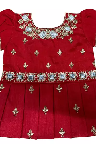 Red and Grey Dupion Silk Lehenga Choli for kids with Zari Work Embroidery