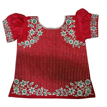 Red Green  Satin Silk Jecquard South Indian Style Pavdai Pattu Set Lehenga Choli For Kids 3