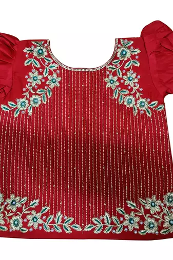 Red Green  Satin Silk Jecquard South Indian Style Pavdai Pattu Set Lehenga Choli For Kids