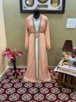 Peach Handcrafted Zari work Stitched Georgette Kaftan Party Wedding Dresses 1