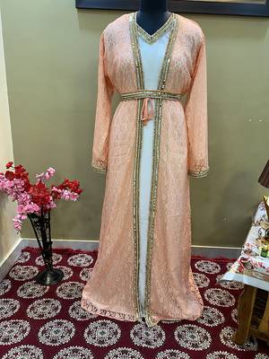 Peach Handcrafted Zari work Stitched Georgette Kaftan Party Wedding Dresses 2