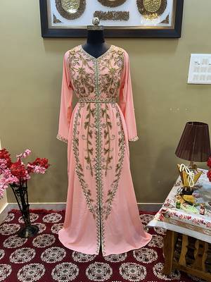 Baby-Pink Handcrafted Zari work Stitched Georgette Kaftan Party Wedding Dresses 1