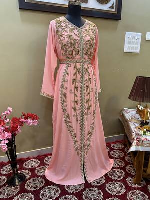 Baby-Pink Handcrafted Zari work Stitched Georgette Kaftan Party Wedding Dresses 2