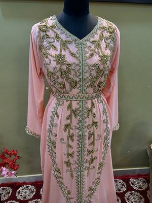 Baby-Pink Handcrafted Zari work Stitched Georgette Kaftan Party Wedding Dresses 3
