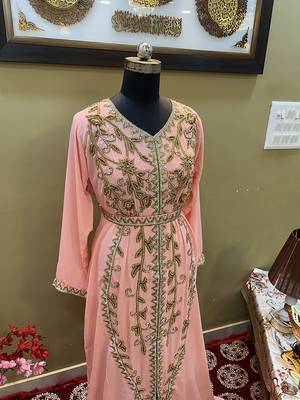 Baby-Pink Handcrafted Zari work Stitched Georgette Kaftan Party Wedding Dresses 4
