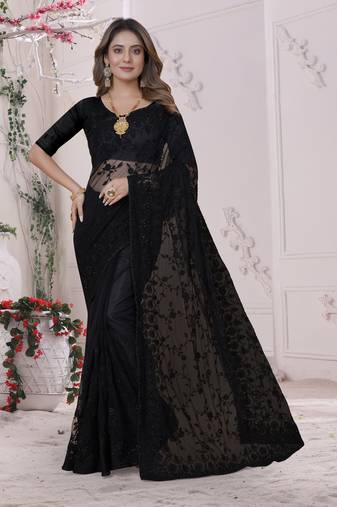 Black Sequin Zari Moti Resham Stone Embroidered Net Saree With Blouse Piece