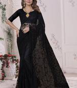 Black Sequin Zari Moti Resham Stone Embroidered Net Saree With Blouse Piece